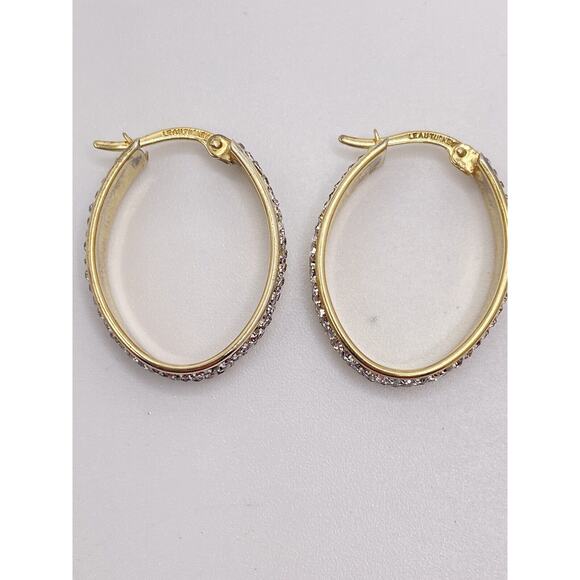 Leau Turkey Signed Gold Plated Crystal Oval Hoop Earrings 925 1/15 14K - Picture 6 of 7